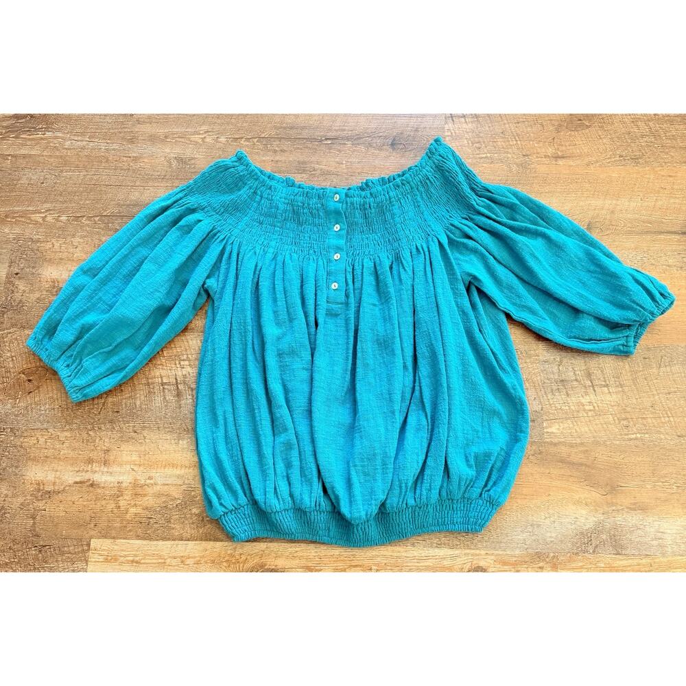 Gigio Turquoise Smocked Off Shoulder Peasant Blouse Small Boho